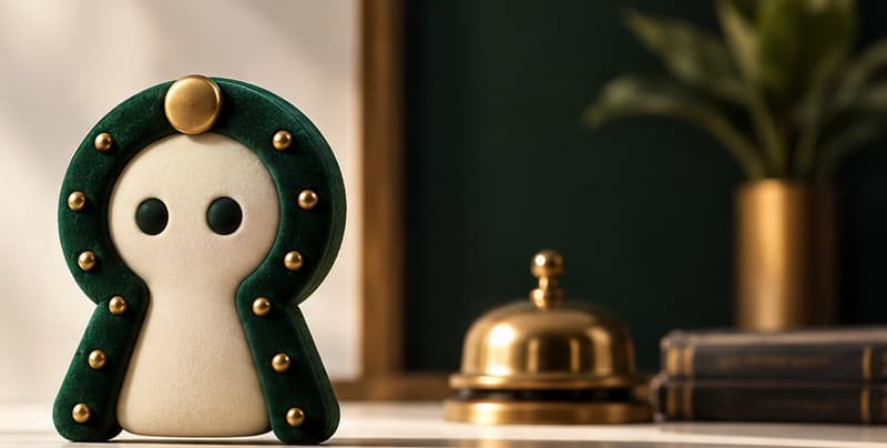 A green velvet keyhole figure with brass studs on a desk, beside a brass bell, a plant and a stack of books.